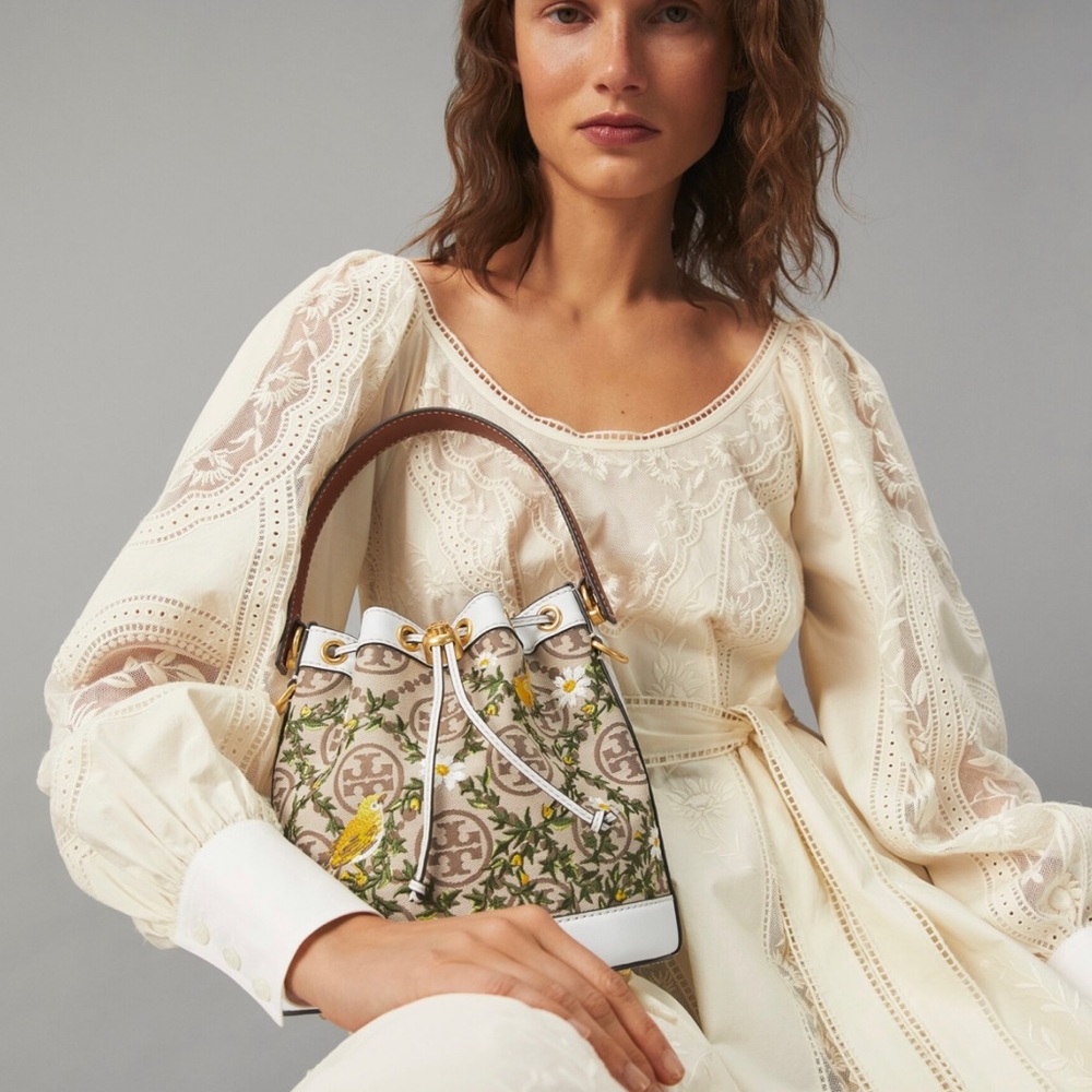 Tory Burch t monogram embroidered hazel gardenia bucket bag